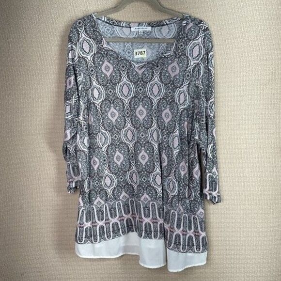 NWOT Rose & Olive Flowy Long Sleeve Blouse Tunic Top Women Plus Size 3X Gray/Pin - Picture 1 of 11